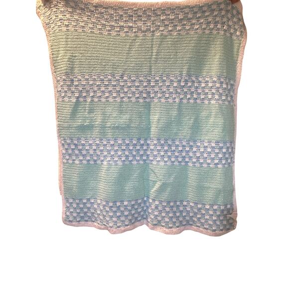 Baby nursery crochet handmade afghan blanket lambs white green blue 38" x 43" - Picture 4 of 9